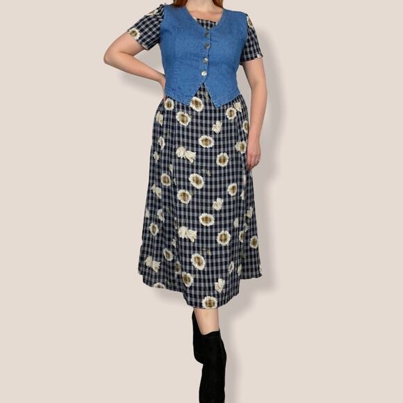 Vintage Croft & Barrow Medium Chambray Plaid Sunflower Layered Vest Midi Dress - Picture 8 of 12